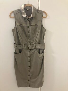 Burberry Brit Green Safari Utility Sleeveless Belted Cotton Womens Dress Sz 6